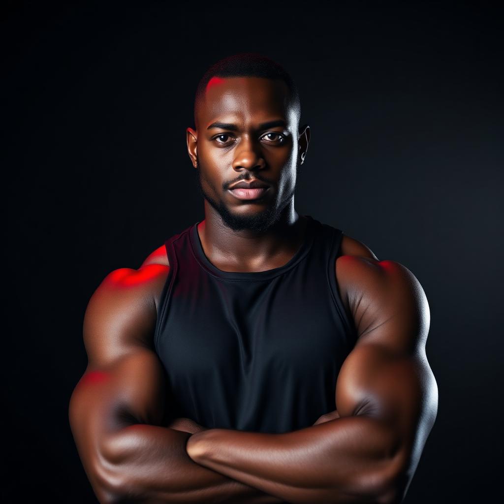 Portrait of Coach Abdirahman in black tank top with red rim light