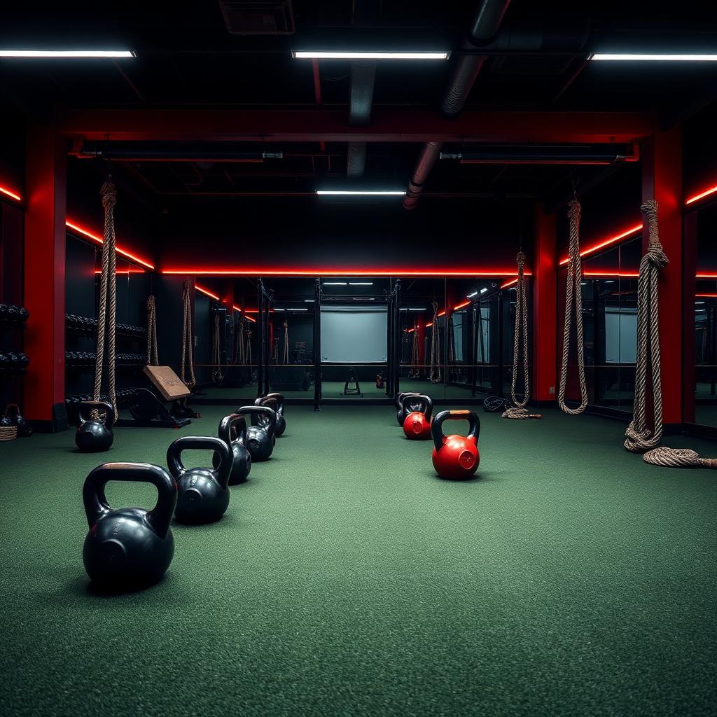 Functional training zone with kettlebells and battle ropes